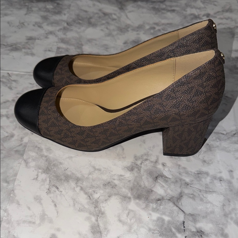 Michael Kors Brown Logo Block Heel Pumps with Black Cap Toe